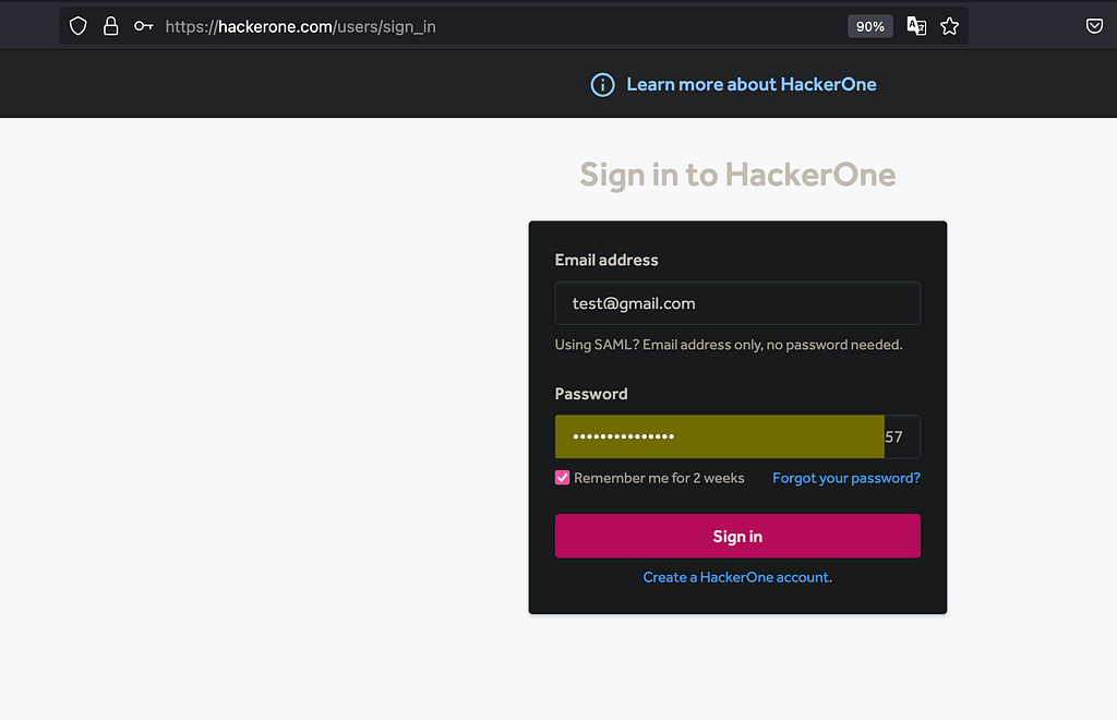 HackerOne sign-in form with email and password fields
