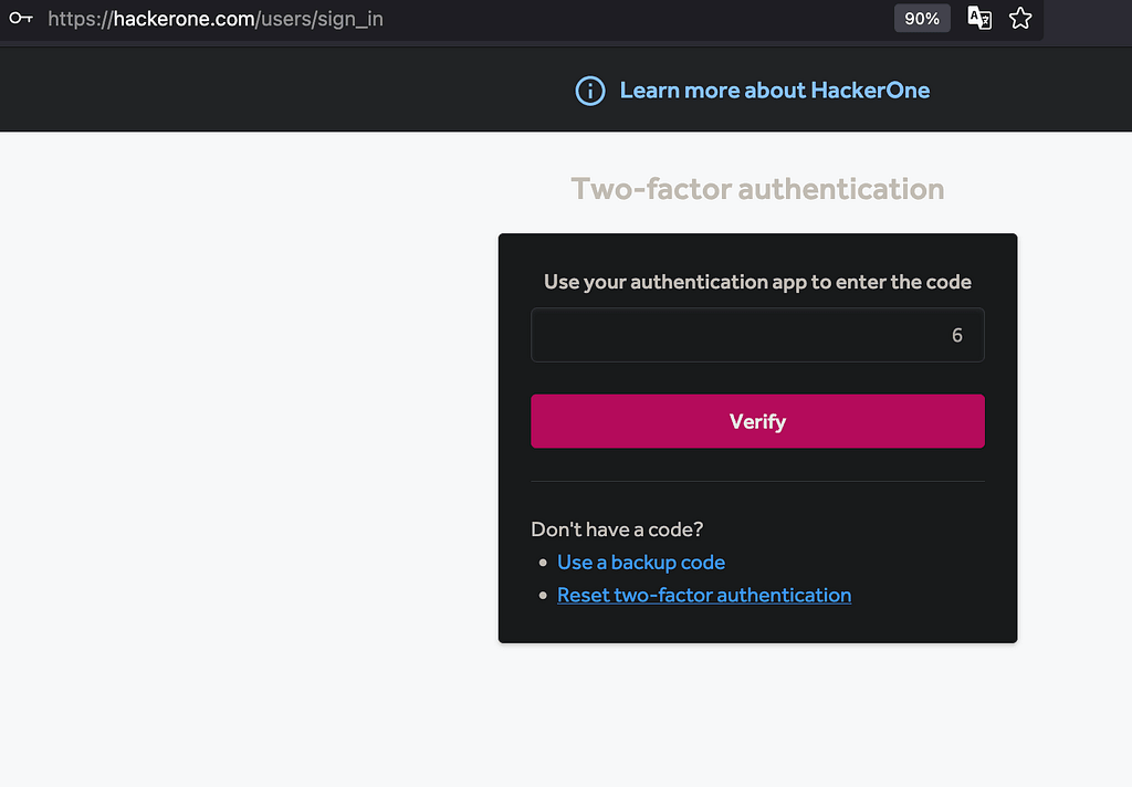 HackerOne two-factor authentication prompt with recovery links