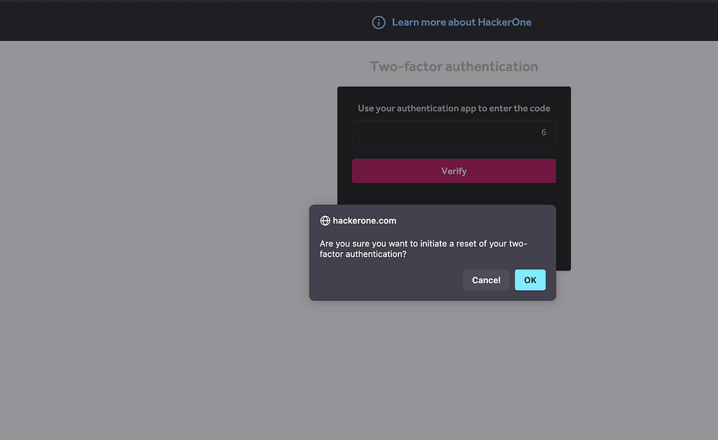 Confirmation dialog for resetting two-factor authentication