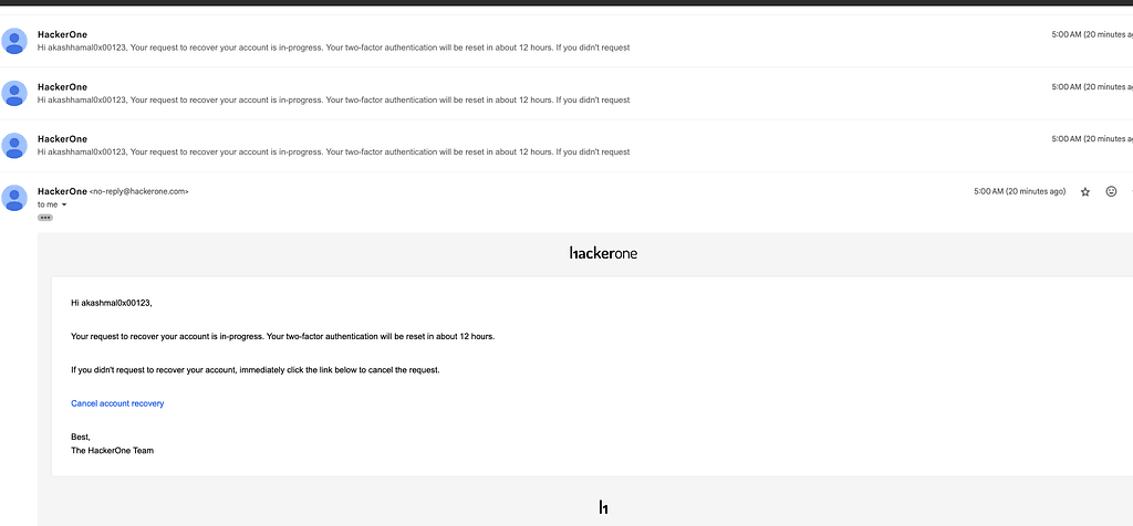 Several HackerOne two-factor recovery emails delivered at the same time