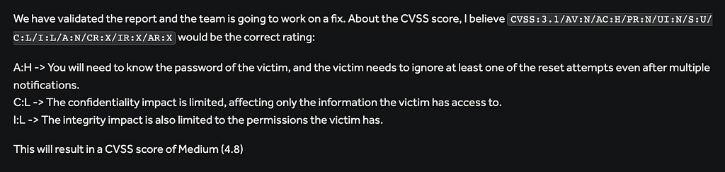 HackerOne report summary showing Medium severity and a 4.8 CVSS score
