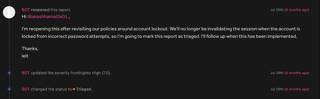 Report update showing triaged status and High severity for the account lockout issue