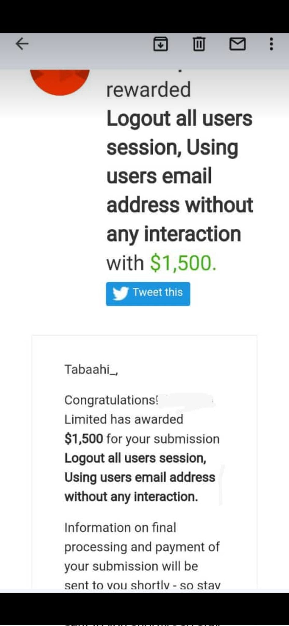 Reward email received by another researcher after applying the account lockout technique