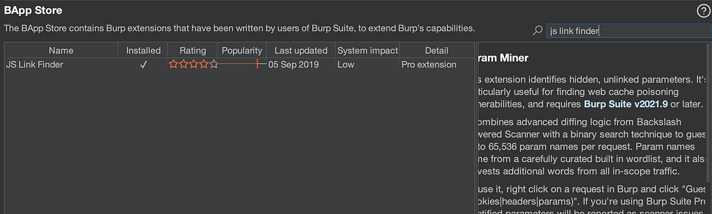 JS Link Finder extension listed in the Burp Suite BApp Store