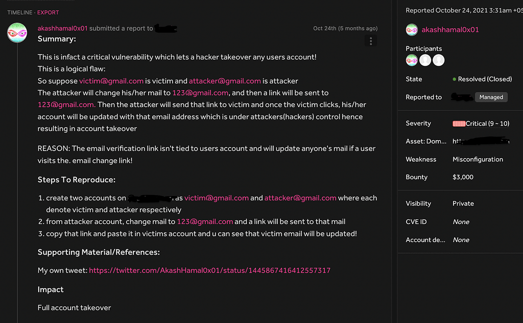 Redacted private vulnerability report demonstrating an email-change account takeover